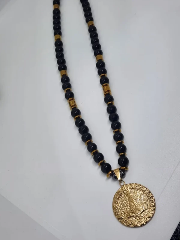 black beaded necklace with Gold Pendant